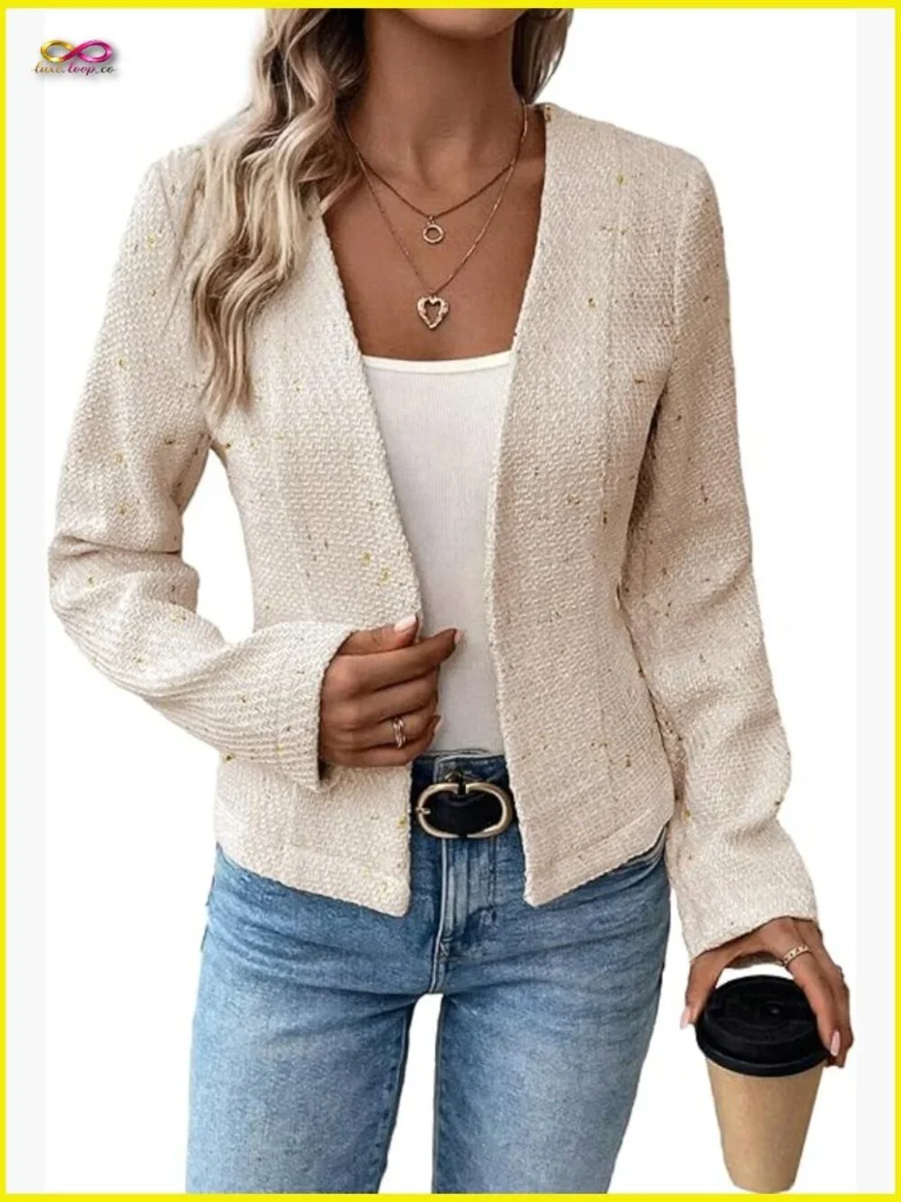 Tweed Blazer Jacket Collarless Open Front Slim Fit Elegant Work Casual